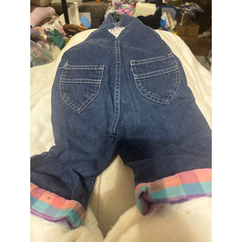 Vintage OshKosh Bgosh Kids 2T Denim Overalls Plaid Cuffs Made in‎ USA 869-8314